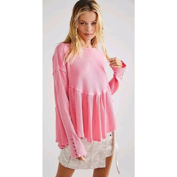 Free People Oh My Babydoll Cotton Waffle Weave Top Carnation Pink Boxy Large New - Picture 3 of 16